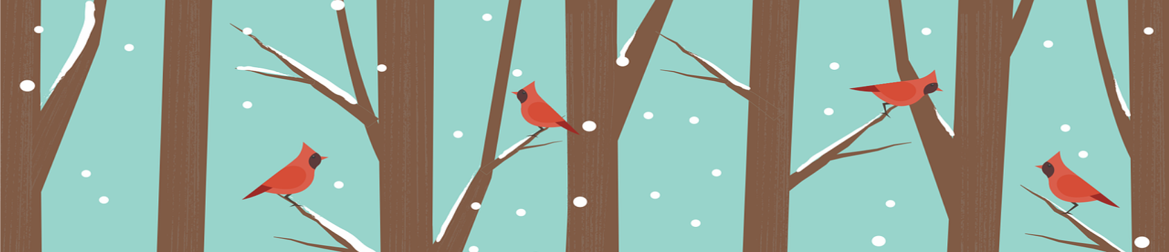 Artistic rendering of bare trees in winter, cardinals perched on four of the branches.